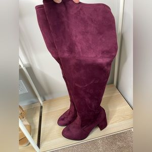 Burgundy microsuede thigh high wide boots